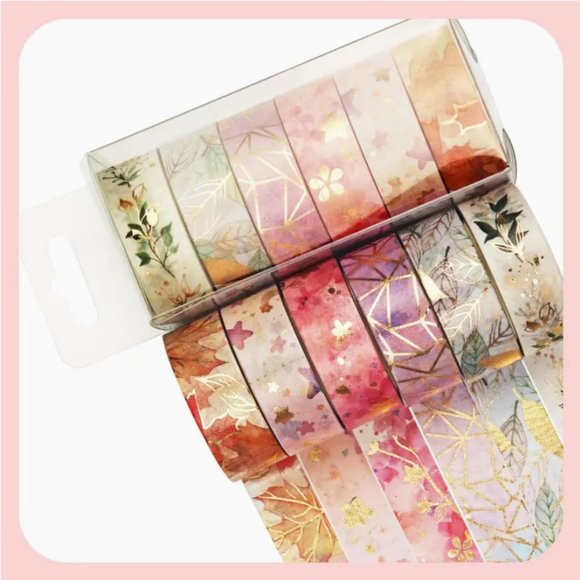 NEW 6 Rolls Washi Tape Gold Foiled Leaves, Geometric, Stars - Pink/ Purple - Picture 3 of 6